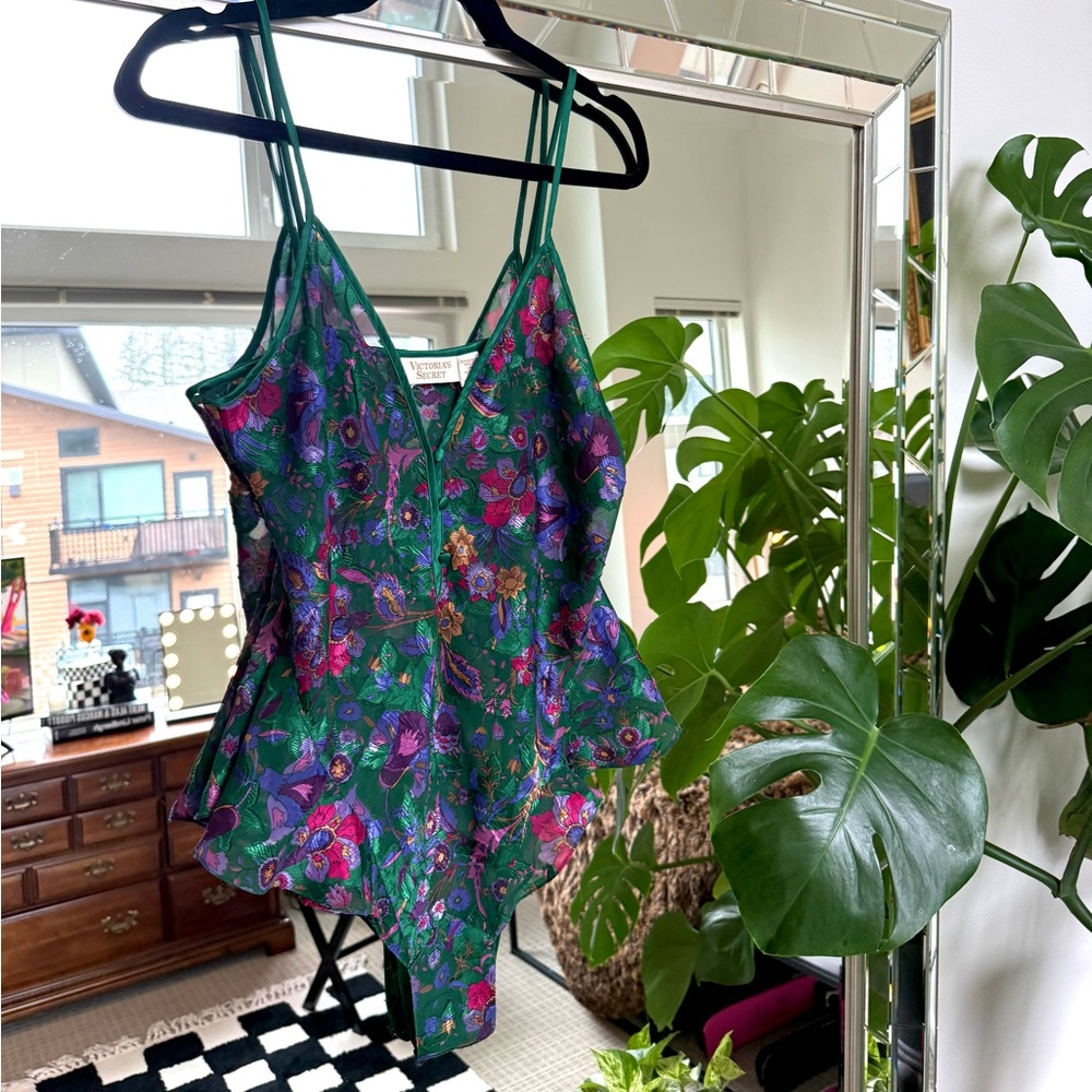 Victoria’s Secret Gold Label Sheer Floral Satin Trim Teddy Bodysuit